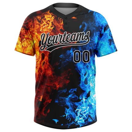 Personalized 3D Flame Black-White Unisex Softball Jersey - Custom Two-Button Design Personalized Figure Black-White 3D Flame