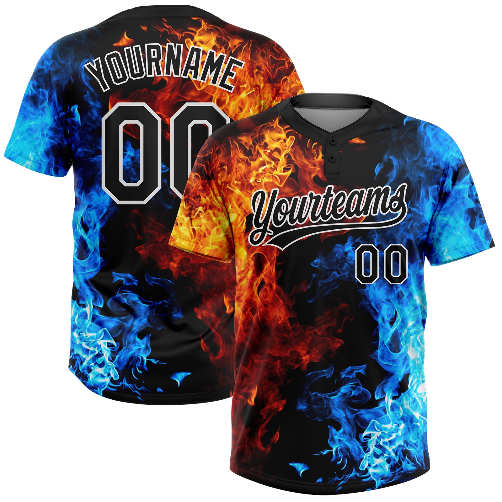 Personalized 3D Flame Black-White Unisex Softball Jersey - Custom Two-Button Design Personalized Figure Black-White 3D Flame