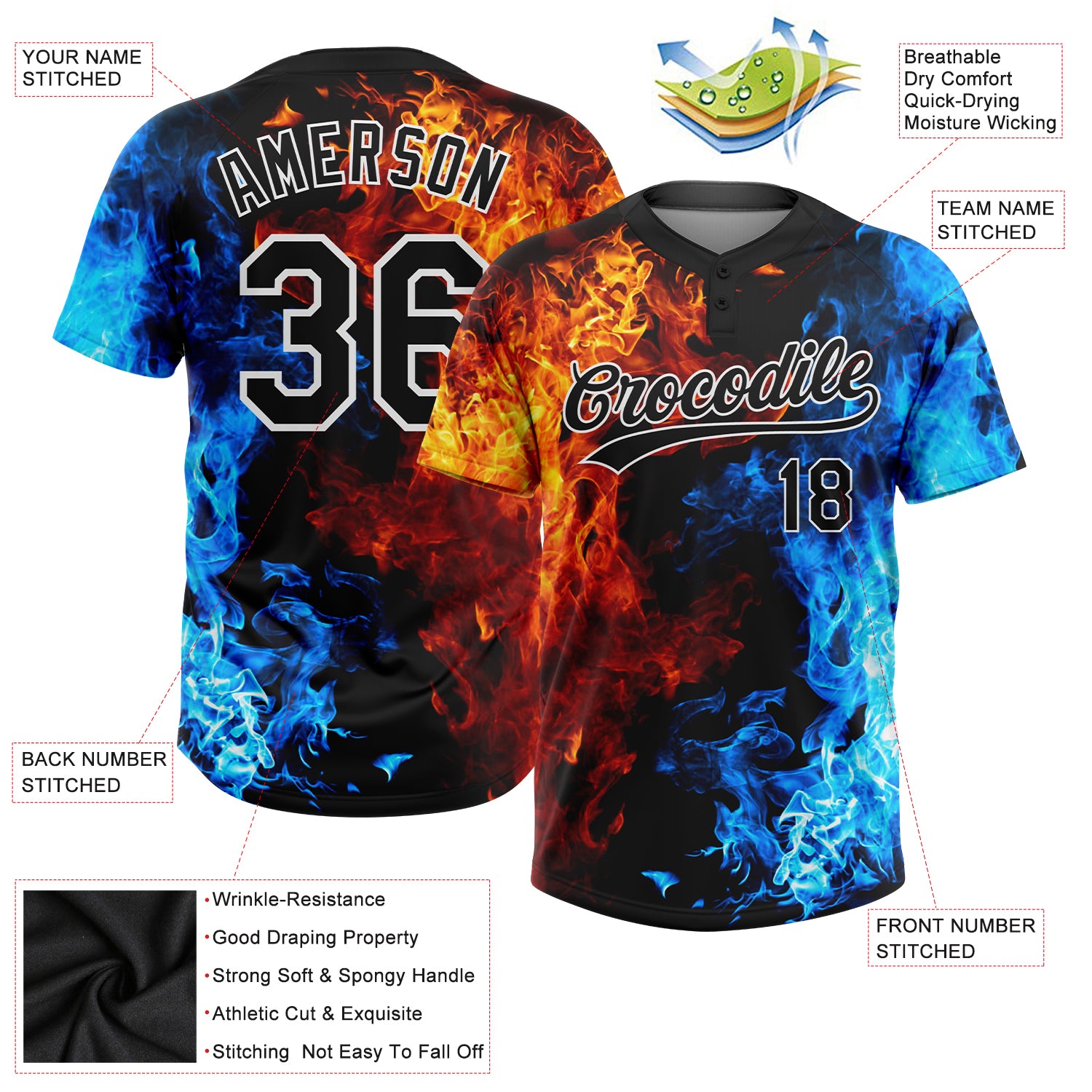 Personalized 3D Flame Black-White Unisex Softball Jersey - Custom Two-Button Design Personalized Figure Black-White 3D Flame - Image 3