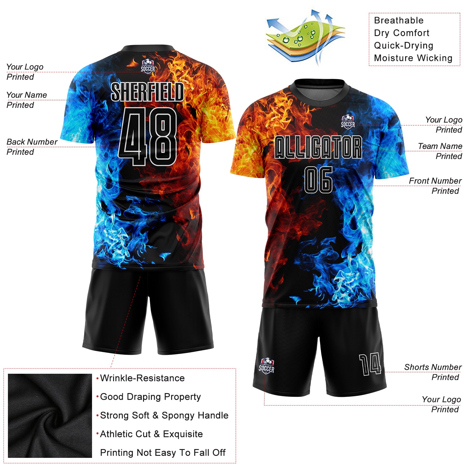 Custom Soccer Uniform Jersey - Black-White Flame Design, Sublimation Figure Personalized Figure Black-White Flame Sublimation - Image 5