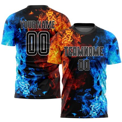 Custom Soccer Uniform Jersey - Black-White Flame Design, Sublimation Figure Personalized Figure Black-White Flame Sublimation