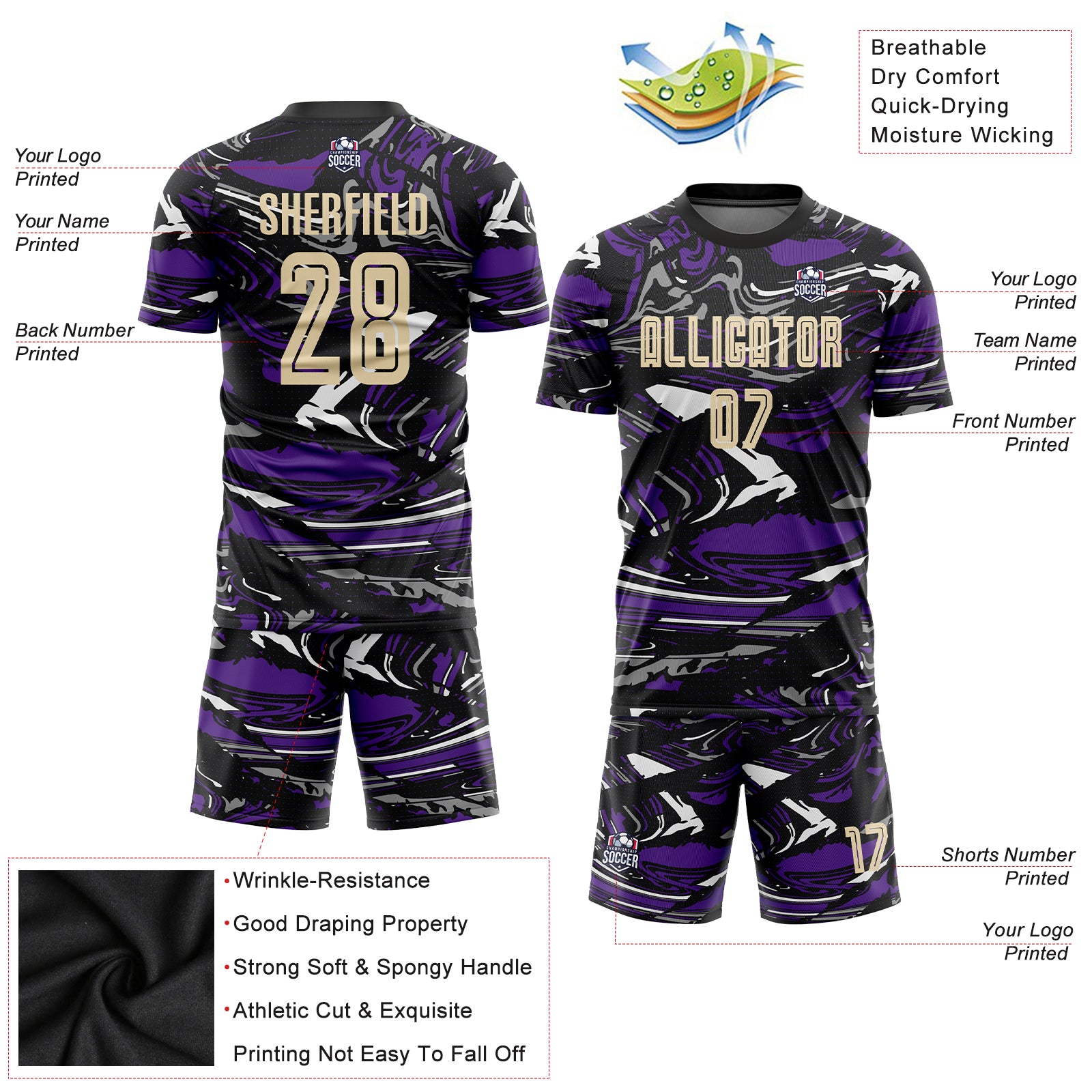 Custom Sublimation Soccer Jersey - Cream-Purple Personalized Figure Uniform Personalized Figure City Cream-Purple Sublimation - Image 3