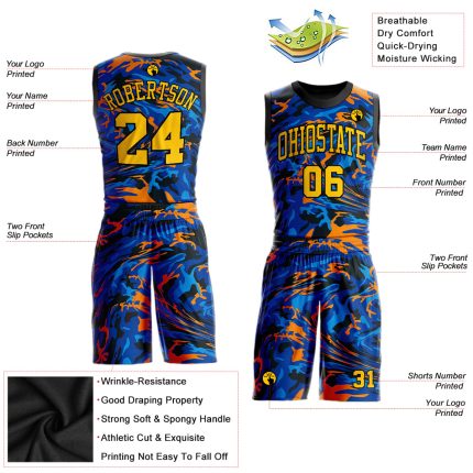 Personalized Gold-Royal Basketball Jersey Suit Sublimation Round Neck Design Personalized Figure Gold-Royal Round Neck Sublimation