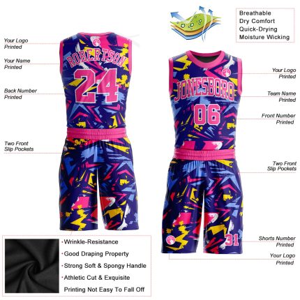 Personalized Pink-Gold Basketball Jersey for Music Festivals, Round Neck Sublimation Suit Personalized Figure Pink-Gold Music