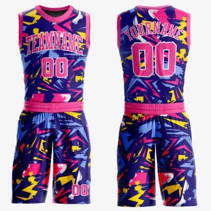 Personalized Pink-Gold Basketball Jersey for Music Festivals, Round Neck Sublimation Suit Personalized Figure Pink-Gold Music