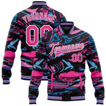 Personalized 3D Varsity Letterman Jacket Pink Light Blue Full-Snap Bomber Personalized Figure Pink-Light Blue 3D Bomber Full-Snap