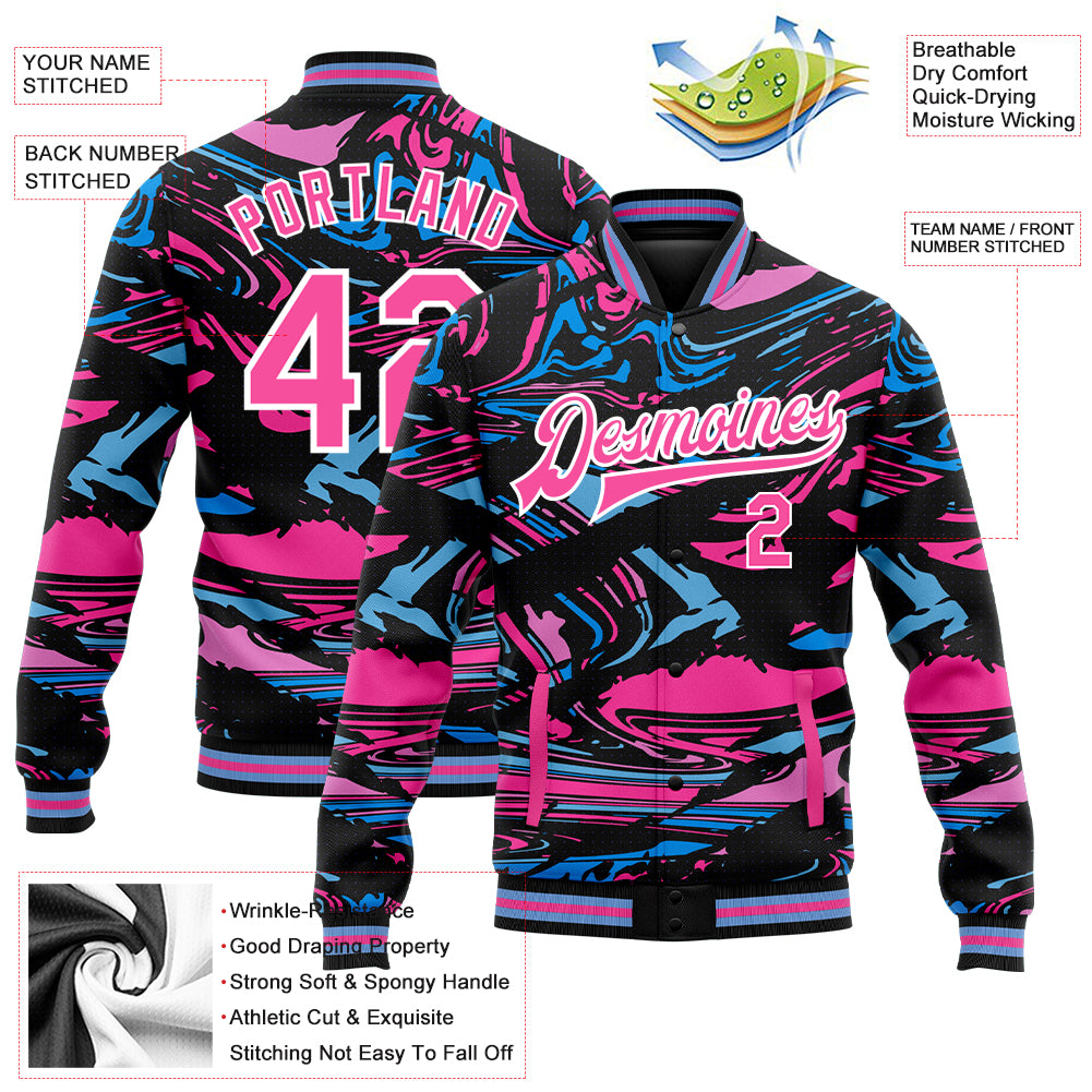 Personalized 3D Varsity Letterman Jacket Pink Light Blue Full-Snap Bomber Personalized Figure Pink-Light Blue 3D Bomber Full-Snap - Image 5