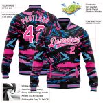 Custom Name and Number Varsity Letterman Jacket in Pink-Light Blue 3D Pattern Design - Personalized Full-Snap Bomber Jacket