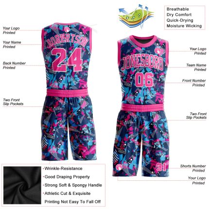 Personalized Basketball Jersey Sublimation Suit in Pink and Light Blue, Round Neck Design Personalized Figure Pink-Light