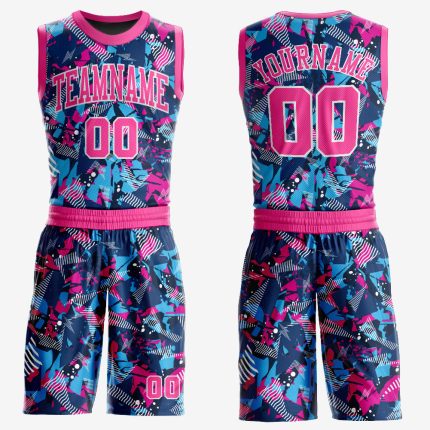 Personalized Basketball Jersey Sublimation Suit in Pink and Light Blue, Round Neck Design Personalized Figure Pink-Light