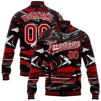 Custom Name and Number 3D Pattern Bomber Jacket Red-Black Varsity Letterman Full-Snap Personalized Figure Design Personalized