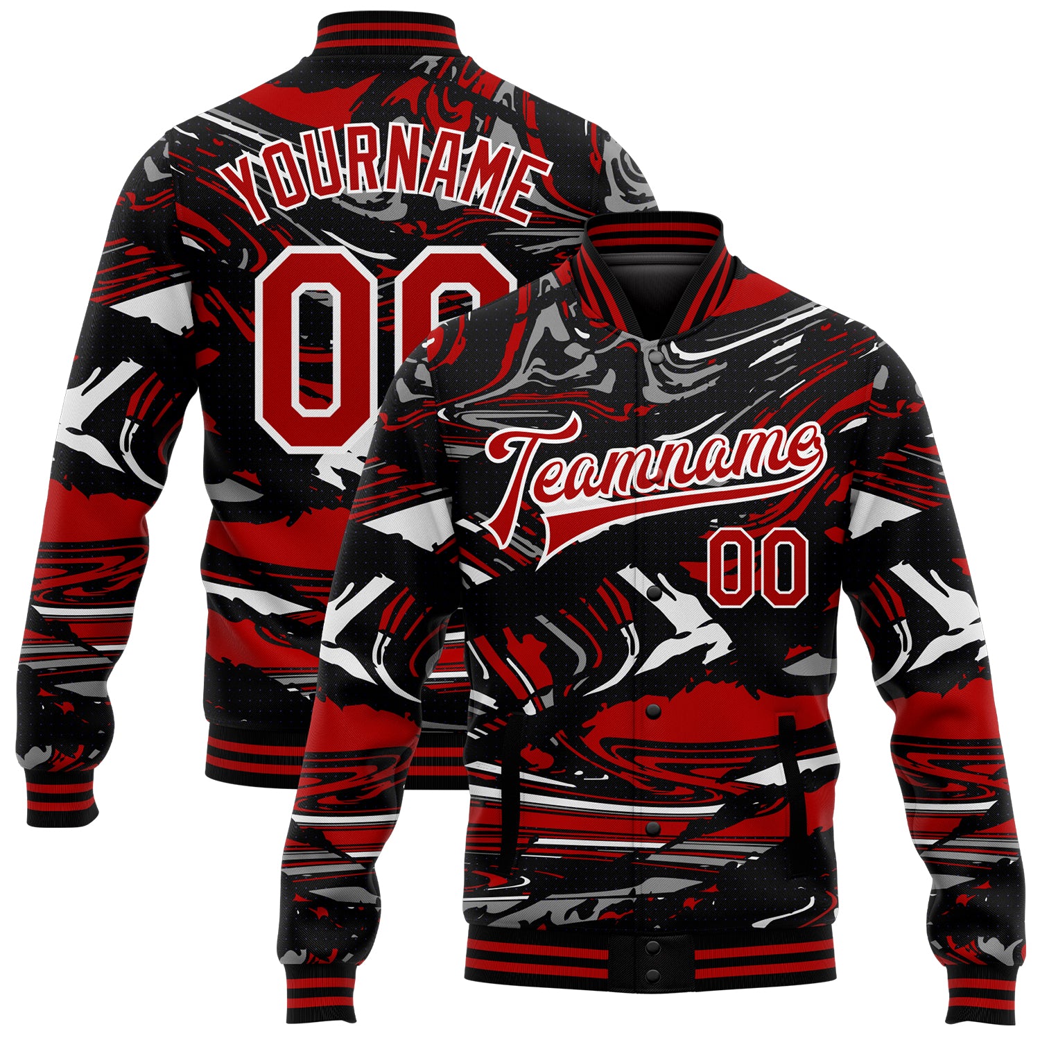 Custom Name and Number 3D Pattern Bomber Jacket Red-Black Varsity Letterman Full-Snap Personalized Figure Design Personalized