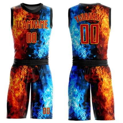 Personalized Basketball Jersey Red-Gold Flame Round Neck Sublimation Suit Personalized Figure Red-Gold Flame Round Neck Sublimation