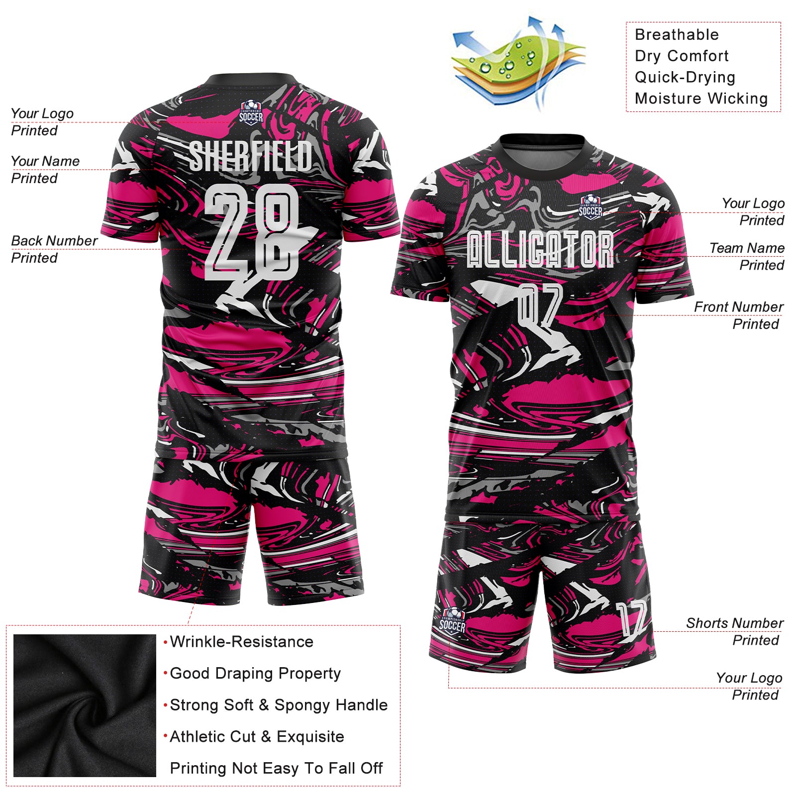 Personalized Soccer Jersey - White Hot Pink Sublimation Uniform for Team Sports Personalized Figure White-Hot Pink Sublimation - Image 3