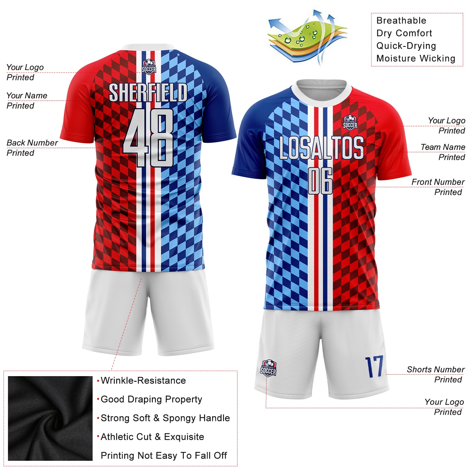 Custom Soccer Jersey White-Royal Sublimation Personalized Figure Uniform Personalized Figure White-Royal Sublimation Soccer - Image 3