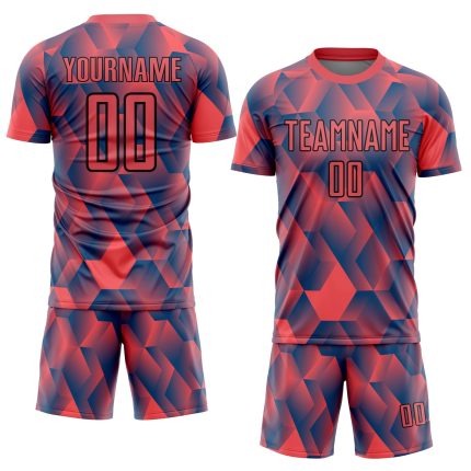 Personalized Fire Red Black Geometric Soccer Jersey Uniform - Custom Sublimation Design Personalized Fire Red Black Geometric