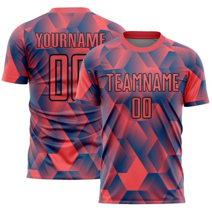 Personalized Fire Red Black Geometric Soccer Jersey Uniform - Custom Sublimation Design Personalized Fire Red Black Geometric