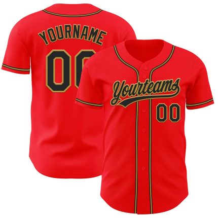 Custom Authentic Fire Red Black-Old Gold Baseball Jersey with Personalized Name & Number Personalized Fire Red Black-Old