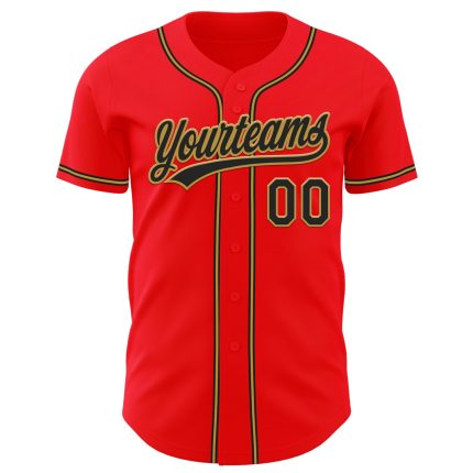 Custom Authentic Fire Red Black-Old Gold Baseball Jersey with Personalized Name & Number Personalized Fire Red Black-Old