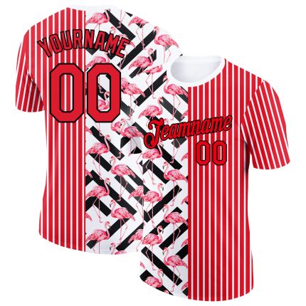 Custom Flamingo Performance T-Shirt with Personalized Name & Number - 3D Fire Red Black-White Pattern Design Personalized