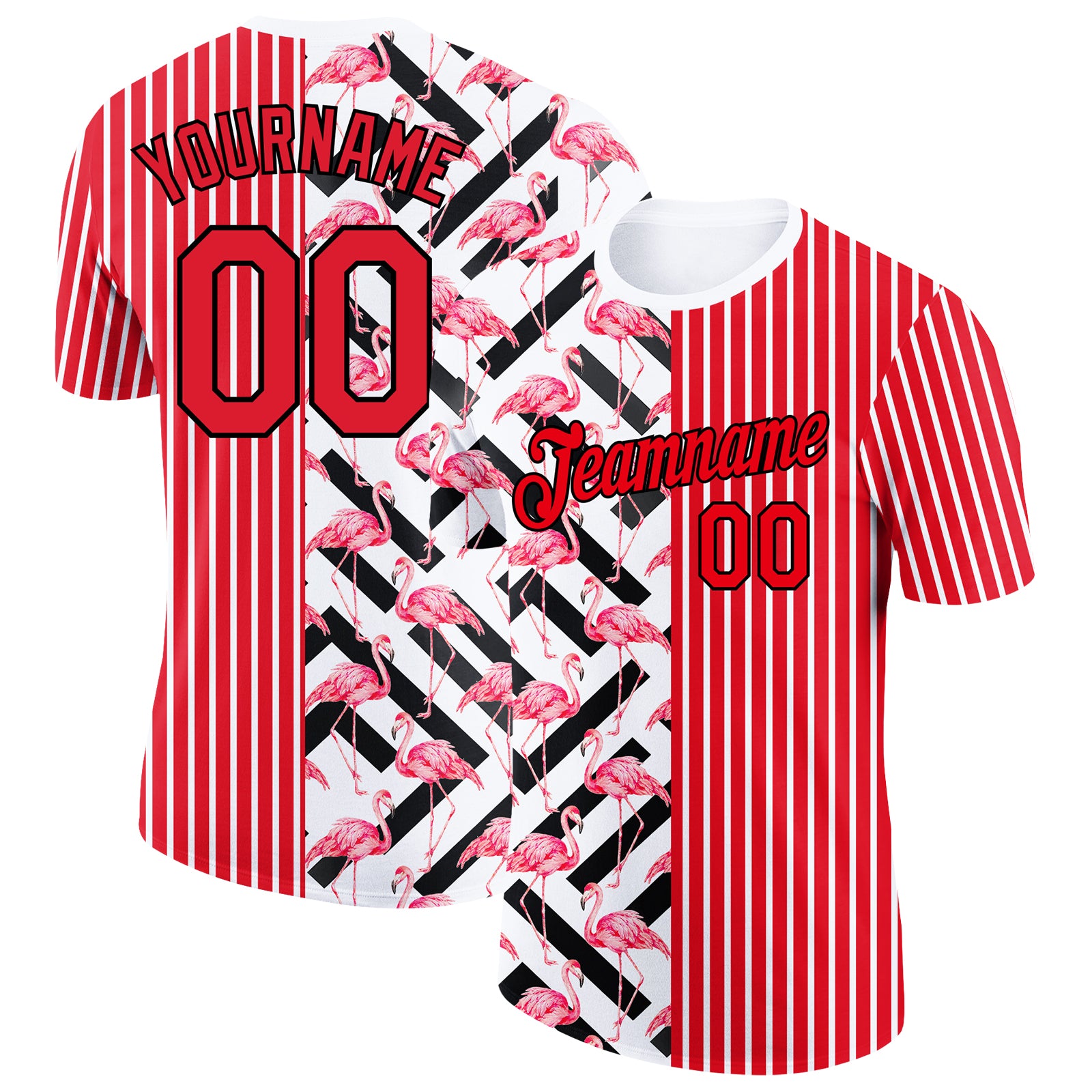 Custom Flamingo Performance T-Shirt with Personalized Name & Number - 3D Fire Red Black-White Pattern Design Personalized
