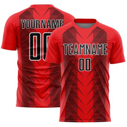 Custom Soccer Uniform Jersey with Personalized Name & Number - Fire Red Black-White Lines Design Personalized Fire Red Black-White