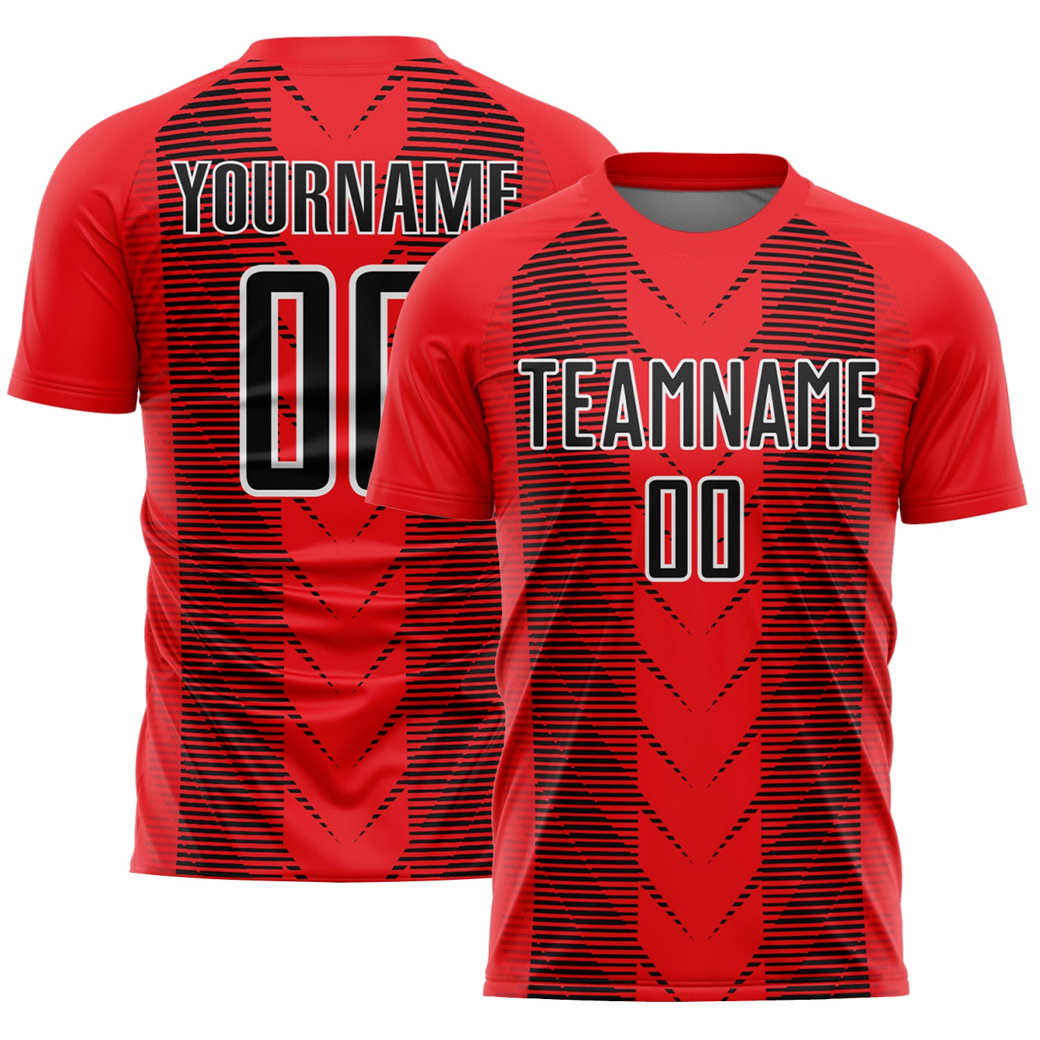 Custom Soccer Uniform Jersey with Personalized Name & Number - Fire Red Black-White Lines Design Personalized Fire Red Black-White