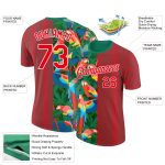 Personalized Tropical Palm Leaves Parrot T-Shirt - Fire Red Kelly Green-White Custom Name and Number Performance Tee Personalized