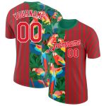 Personalized Tropical Palm Leaves Parrot T-Shirt - Fire Red Kelly Green-White Custom Name and Number Performance Tee Personalized