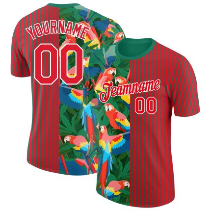 Personalized Tropical Hawaii Palm Leaves Parrot Performance T-Shirt in Fire Red Kelly Green-White Personalized Fire Red Kelly