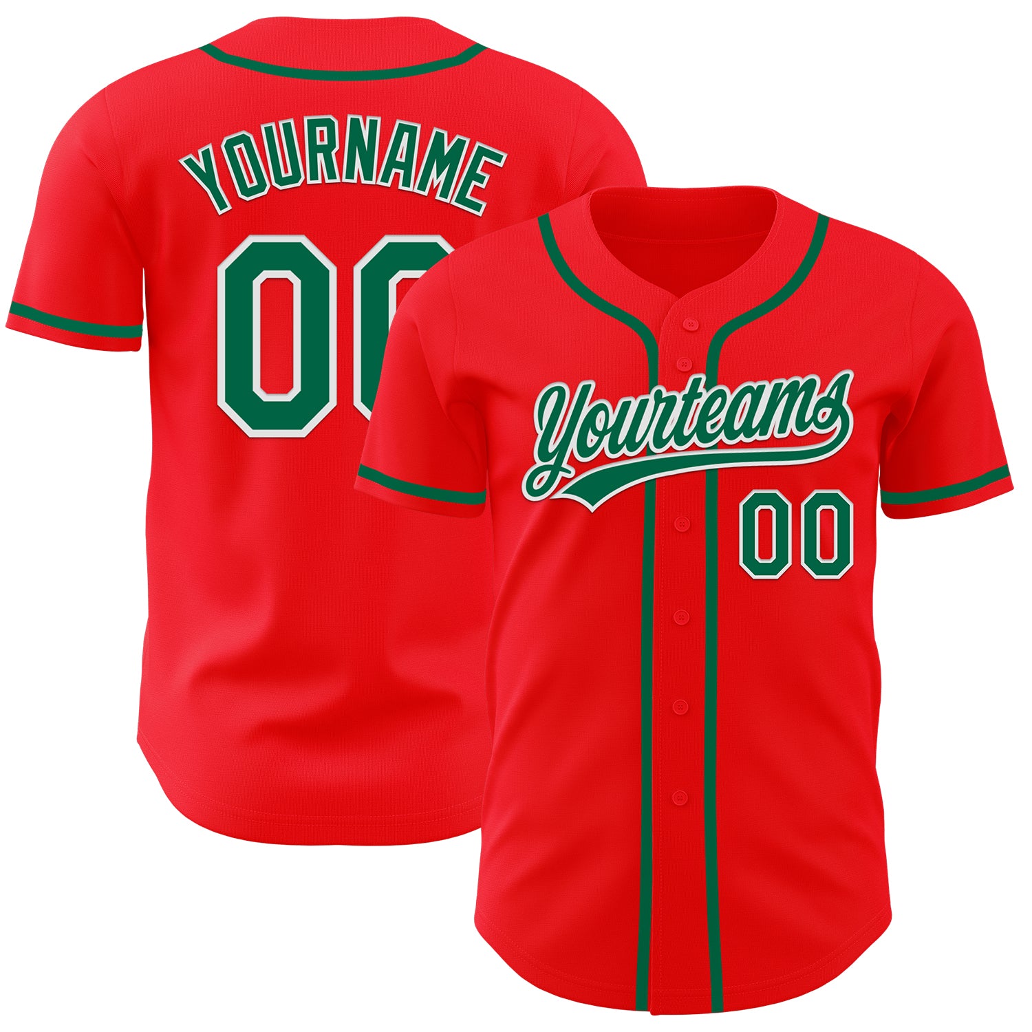 Custom Team Baseball Jersey - Personalized Fire Red Kelly Green-White with Name & Number Personalized Fire Red Kelly Green-White