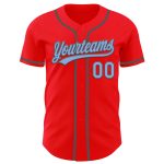 Custom Name and Number Baseball Jersey in Fire Red, Light Blue, and Steel Gray - Authentic Team Apparel Personalized Fire