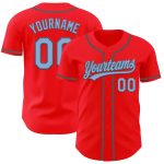 Custom Name and Number Baseball Jersey in Fire Red, Light Blue, and Steel Gray - Authentic Team Apparel Personalized Fire