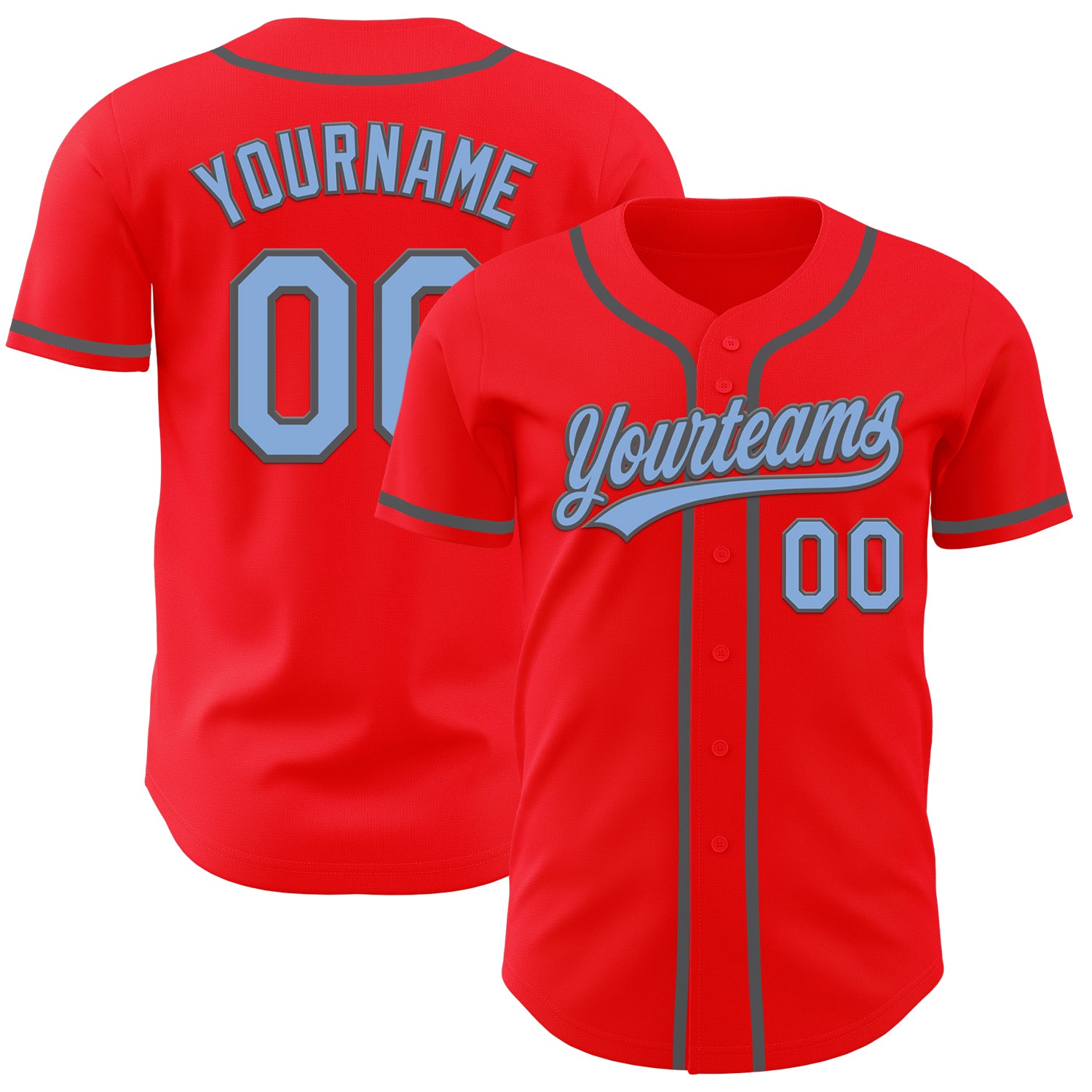 Custom Name and Number Baseball Jersey in Fire Red, Light Blue, and Steel Gray - Authentic Team Apparel Personalized Fire