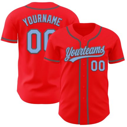 Personalized Baseball Jersey Fire Red Light Blue Steel Gray for Men and Women Personalized Fire Red Light Blue-Steel Gray