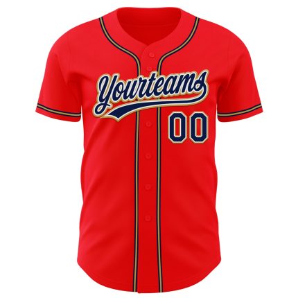 Custom Team Baseball Jersey in Fire Red Navy and Old Gold with Personalized Name and Number Personalized Fire Red Navy-Old