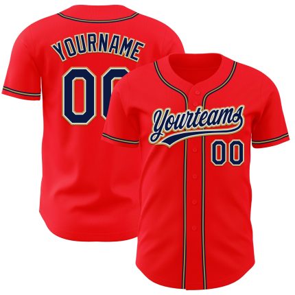 Custom Team Baseball Jersey in Fire Red Navy and Old Gold with Personalized Name and Number Personalized Fire Red Navy-Old