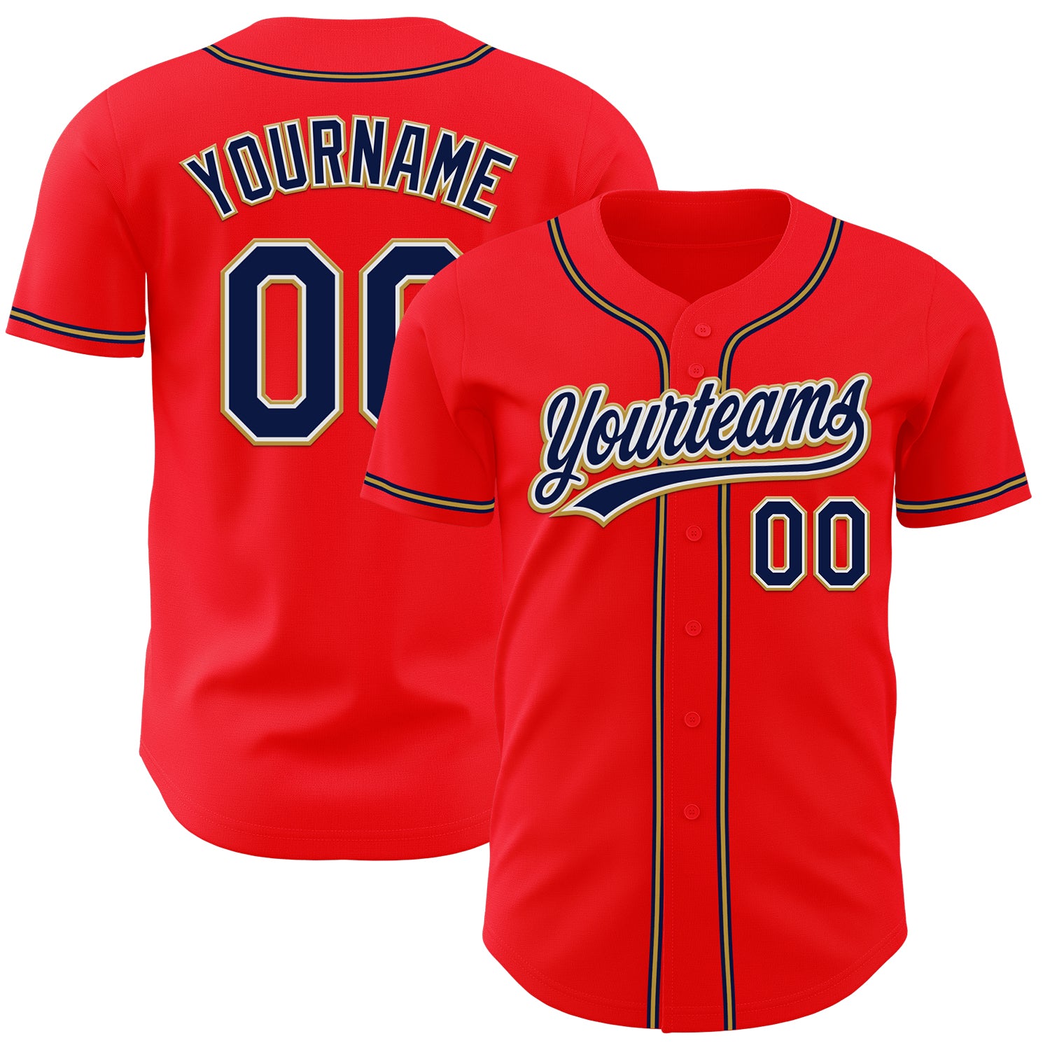 Custom Team Baseball Jersey in Fire Red Navy and Old Gold with Personalized Name and Number Personalized Fire Red Navy-Old