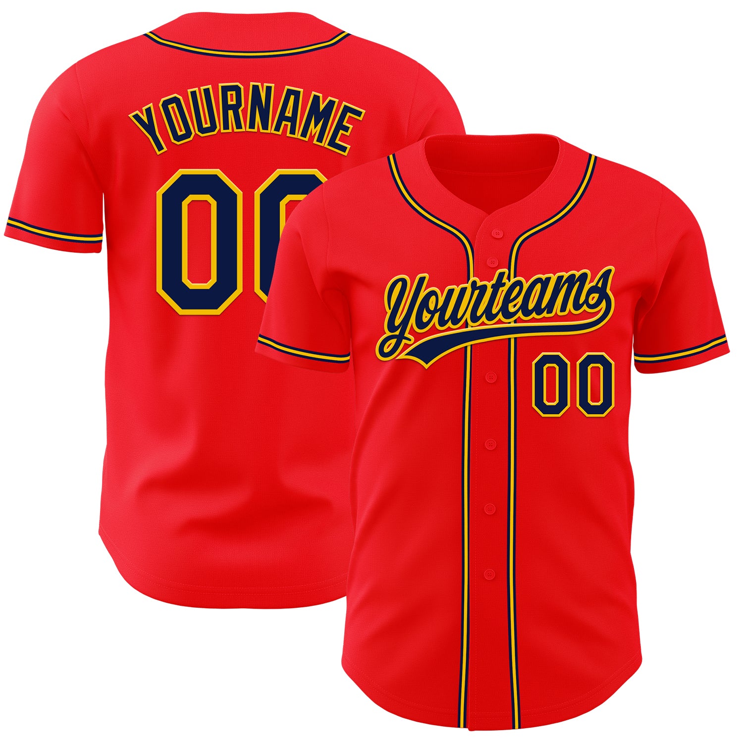Custom Personalized Fire Red Navy-Yellow Baseball Jersey with Team Name and Number - Authentic Design Personalized Fire Red