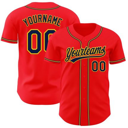 Personalized Fire Red Navy Yellow Baseball Jersey for Men and Women Personalized Fire Red Navy-Yellow Baseball Jersey