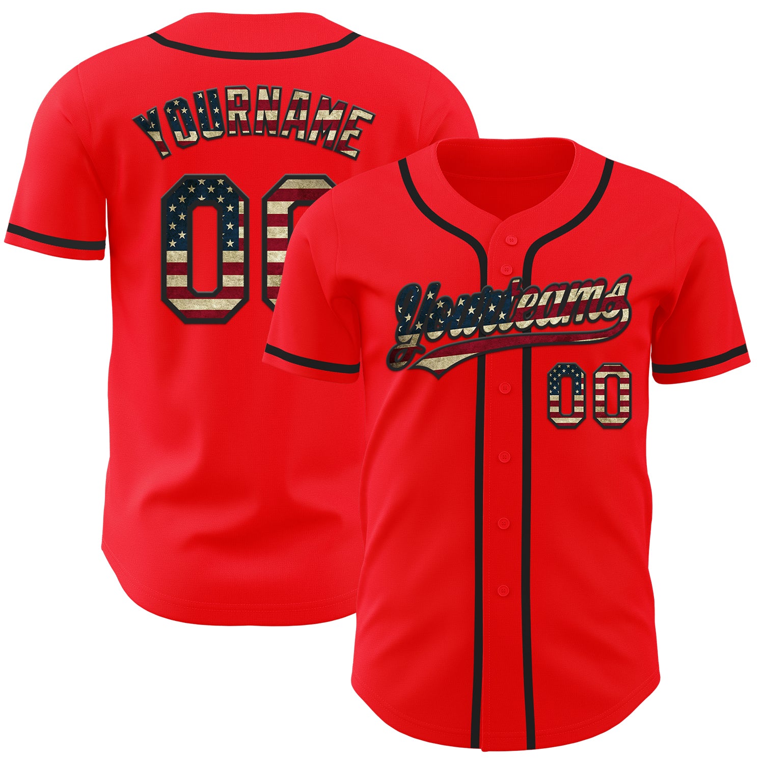 Custom Name and Number Fire Red Vintage USA Flag Baseball Jersey - Black Authentic Team Apparel Personalized Fire Red Vintage