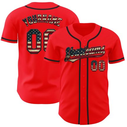 Fire Red Vintage USA Flag Personalized Baseball Jersey - Black Design Personalized Fire Red Vintage USA Flag-Black Baseball