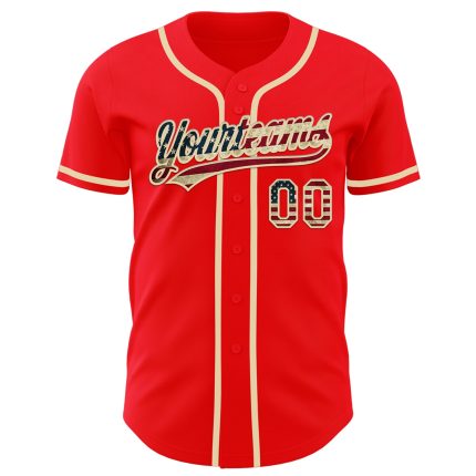 Personalized Fire Red Vintage USA Flag Baseball Jersey - Cream Personalized Fire Red Vintage USA Flag-Cream Baseball Jersey