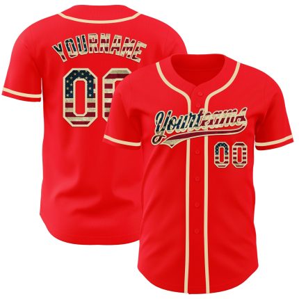 Personalized Fire Red Vintage USA Flag Baseball Jersey - Cream Personalized Fire Red Vintage USA Flag-Cream Baseball Jersey