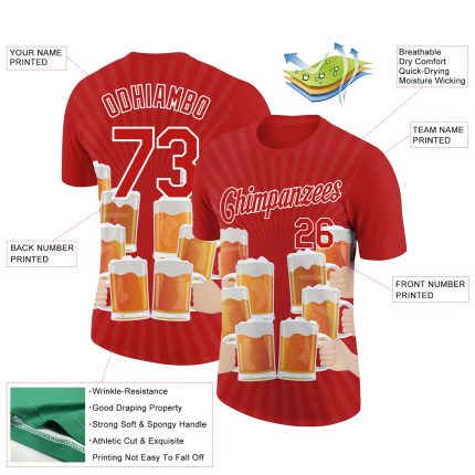 Custom Team Name Number Beer T-Shirt - 3D Pattern Design in Fire Red and White Performance Fabric Personalized Fire Red White