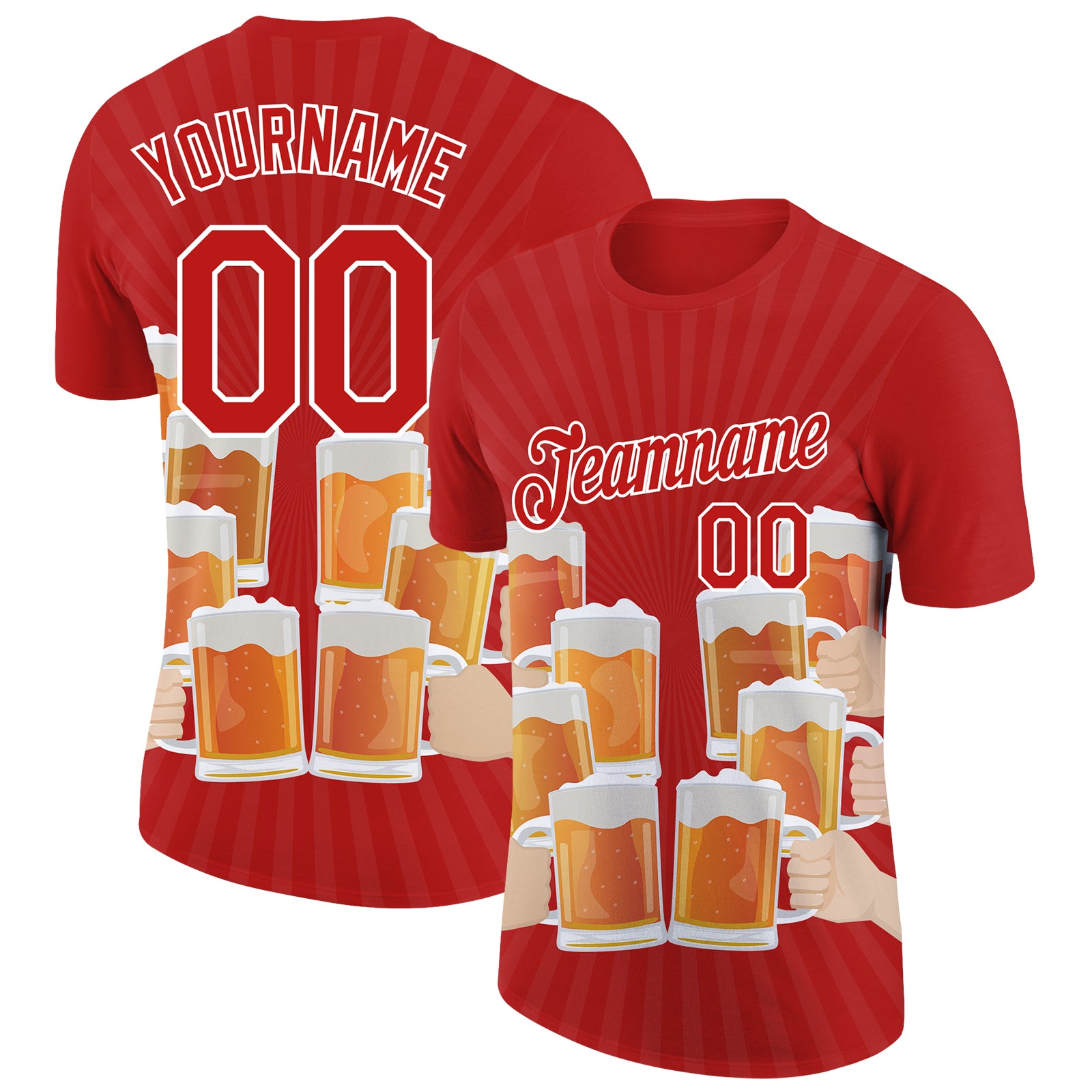 Custom Team Name Number Beer T-Shirt - 3D Pattern Design in Fire Red and White Performance Fabric Personalized Fire Red White