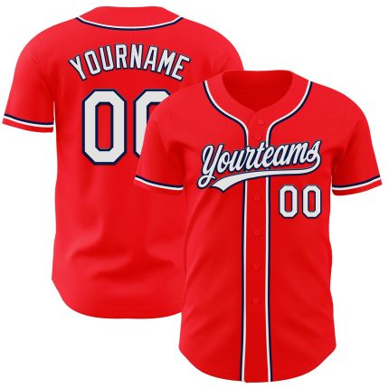 Personalized Baseball Jersey in Fire Red, White & Navy - Custom Team Apparel Personalized Fire Red White-Navy Baseball Jersey
