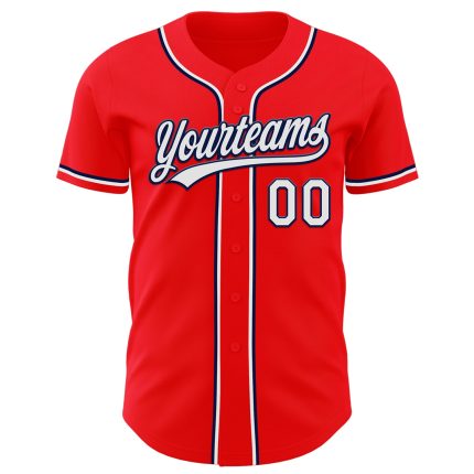 Personalized Baseball Jersey in Fire Red, White & Navy - Custom Team Apparel Personalized Fire Red White-Navy Baseball Jersey