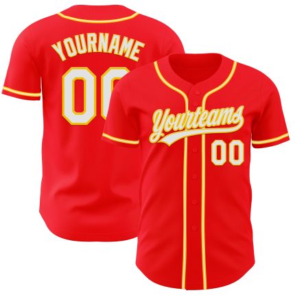 Personalized Fire Red Yellow White Baseball Jersey for Adults and Kids Personalized Fire Red White-Yellow Baseball Jersey