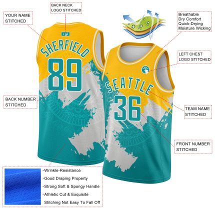 Custom Basketball Jersey - Personalized Gold Aqua-White 3D Pattern Design with Name & Number, Authentic Team Style Personalized